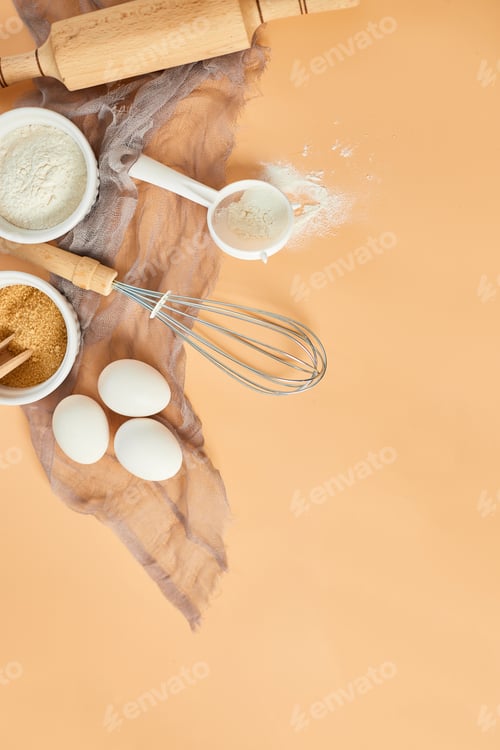 Preview: Bakery or cooking frame, ingredients, kitchen items for pastry