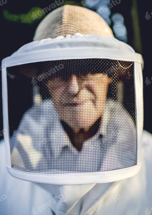 Preview: Close up of beekeeper looking into shot wearing a veil.