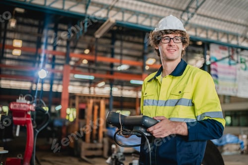 Preview: Professional engineer holding robot controller checking and repairing automatic robotic machine