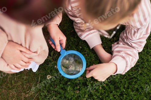Preview: Two Caucasian Children Exploring Grass with Magnifying Glass Outdoors