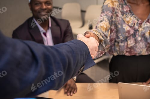 Preview: Business man shake hands with business women agreeing on partnerships or introducing themselves