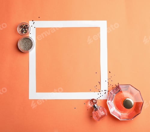 Preview: Flat lay composition with beauty accessories and space for text on coral background