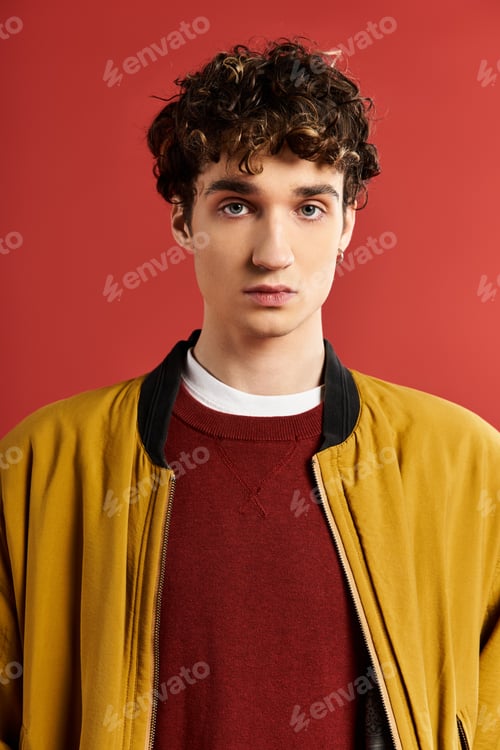 Preview: Young man with curly hair in a yellow jacket striking a pose against a vibrant red backdrop