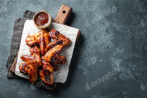 Preview: Baked chicken wings in barbecue sauce in a cast iron pan on an old wooden rustic table.