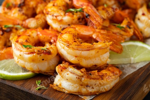 Preview: Grilled shrimps or prawns served with lime.