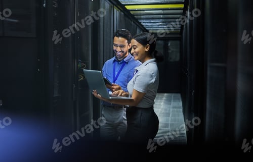 Preview: Server room, laptop and technician people for software management, system upgrade or cyber security
