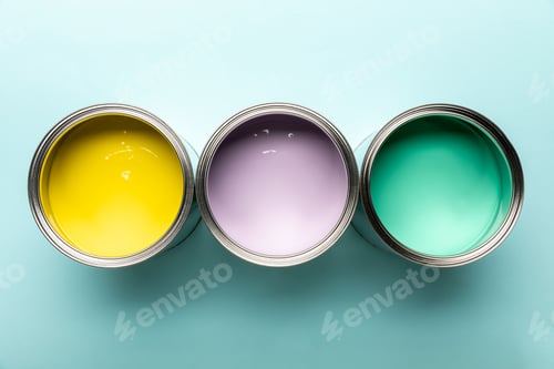 Preview: top view of three tins with paints on blue surface