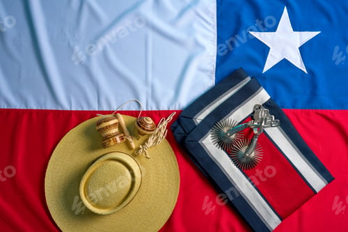 Preview: Traditional chilean objects rest on a chilean flag, celebrating chilean history and culture