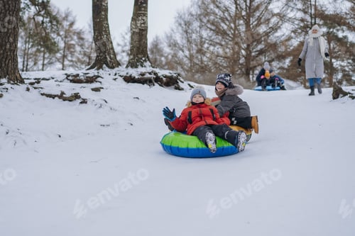 Visualização: crianças descendo a encosta em tubos de neve no campo