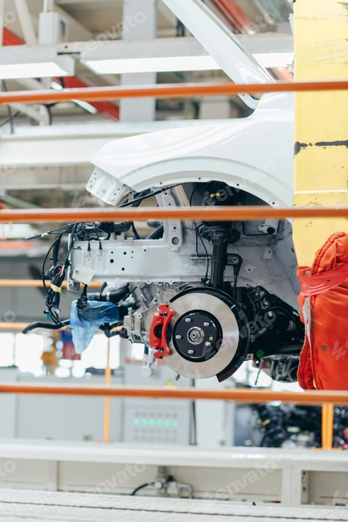 Preview: car body on a factory assembly line, with front wheel exposed to install the brake disk