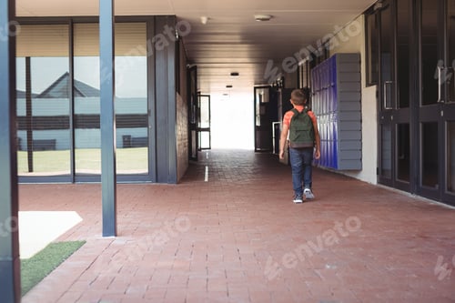 Preview: Full length of boy with backpack walking in corridor