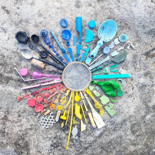 Preview: Beach art made with unaltered discarded plastic objects found on the beach