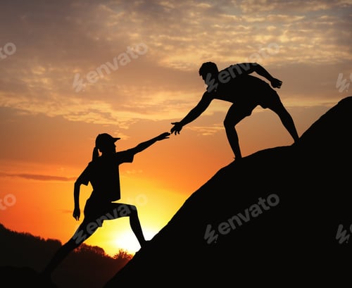 Preview: Hiker helping friend outdoors at sunset. Help and support concept