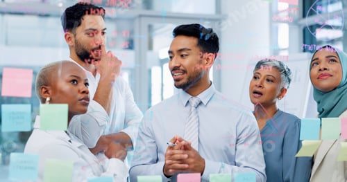 Preview: Meeting, collaboration and sticky notes with a business man training a team while planning strategy