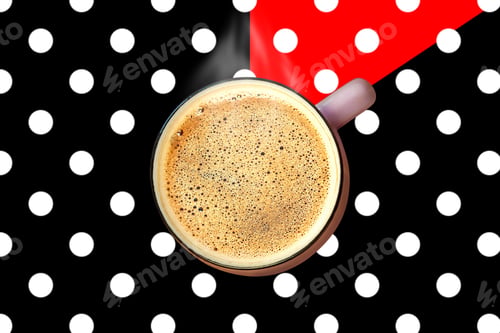 Preview: Steaming coffee cup with foam polka dot background Clock hands Good morning Breakfast. Hot drink mug