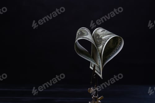 Preview: Close up twisted dollars isolated on black background.