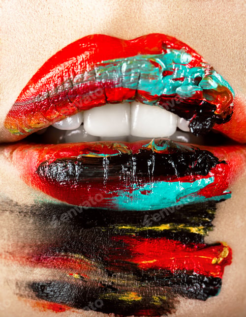 Preview: Colorful make-up on close-up lips. Art beauty image.