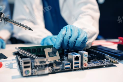Preview: Technician measuring voltage electronic circuit board, Service after sale fix electric equipment.