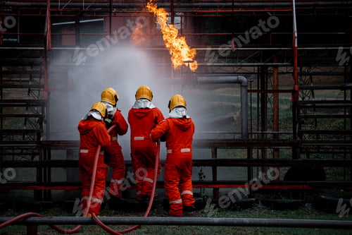 Preview: Firefighters safety using twirl water fog type fire extinguisher to fighting with fire from oil and
