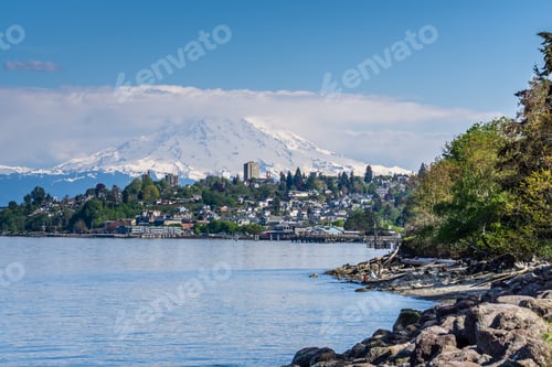 Preview: Majestic Mount Rainier Towers Over The Ruston Shoreline Near Tacoma, Washington.