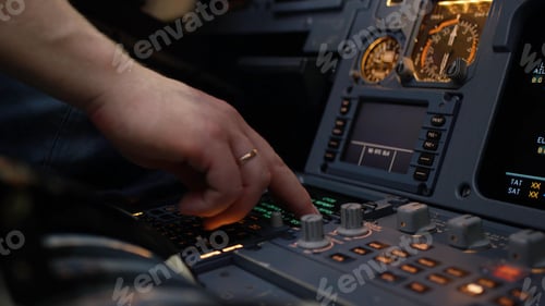 Preview: Panel of switches on an aircraft flight deck. Autopilot control element of an airliner. Pilot