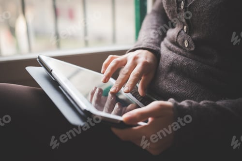 Preview: Young woman sitting by window, using digital tablet, focus on hands