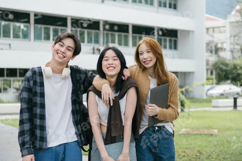 Preview: Three cheerful asian university students are smiling together on campus, embracing friendship and ac