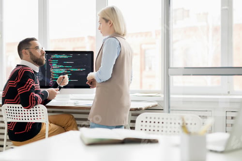 Preview: Young lady working with programmer in office