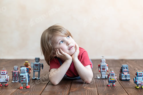 Preview: Happy child with toy robot