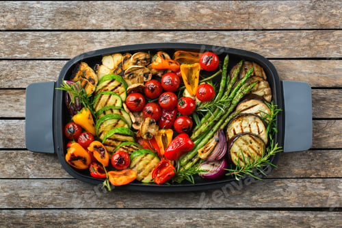 Preview: Seasonal summer grilled vegetables and chicken in a pan