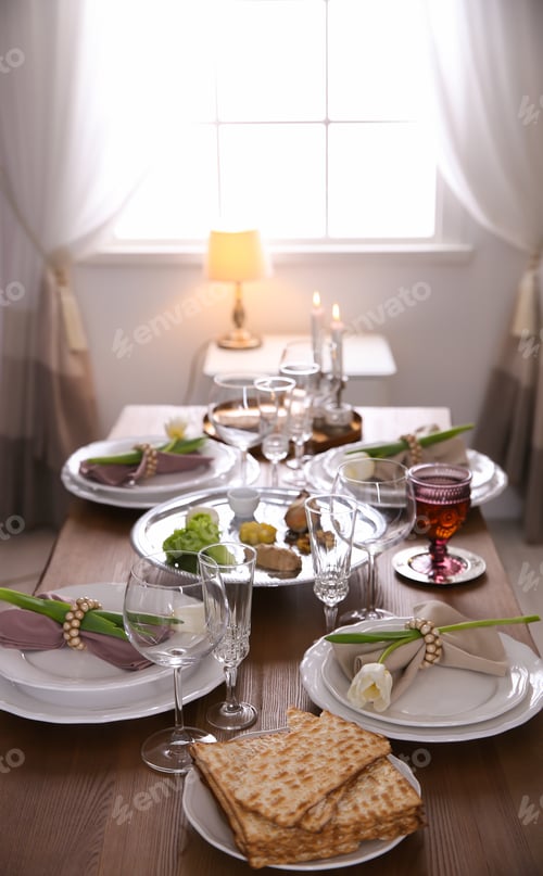 Preview: Festive Passover table setting at home. Pesach celebration