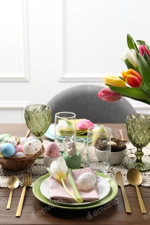 Preview: Festive table setting with beautiful flowers. Easter celebration