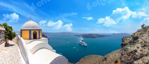 Preview: Greece Islands, scenic panoramic sea views of Santorini island from top outlook of Fira village
