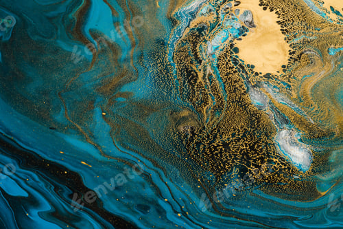 Preview: Acrylic Fluid Art. Blue waves and gold inclusion. Abstract stone background or texture