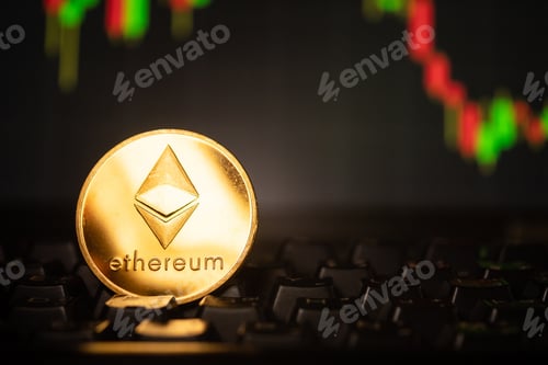 Preview: A golden coin with ethereum symbol on computer keyboard with stock graph background.