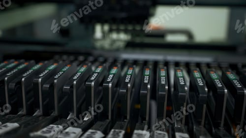 Preview: Electronic circuit board production. Creative. Automated machine produces printed digital electronic