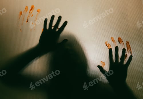 Preview: Shadowy figure with blood behind glass - horror background
