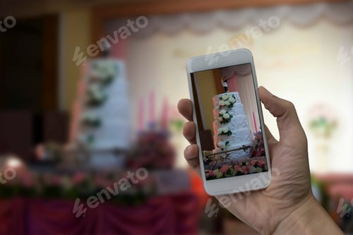 Preview: Hand holding smart phone take a photo at Wedding hall