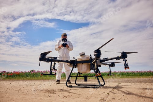 Preview: Male operator wearing a protective uniform and a mask, using a controller for the agrodrone.