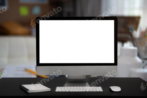 Preview: Empty desktop computer in minimal office room with decoration and copy space.