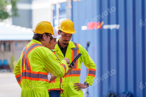 Preview: Workers discuss project details in a busy shipping yard during day hours
