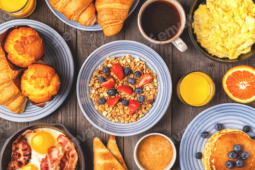 Preview: Delicious breakfast on a rustic table.