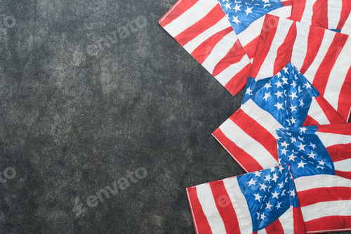 Preview: 4th of July background. USA paper fans, Red, blue, white stars, balloons, gold confetti on gray dark