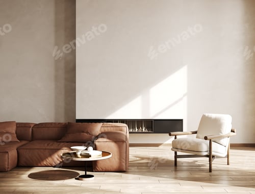 Preview: Modern living room interior mockup with leather sofa, armchair and fireplace, 3d rendering