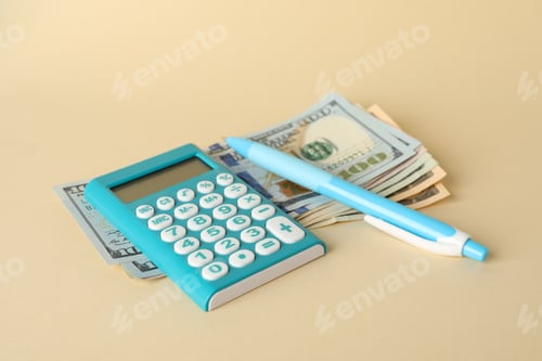 Preview: Money, calculator and pen on beige background, close up