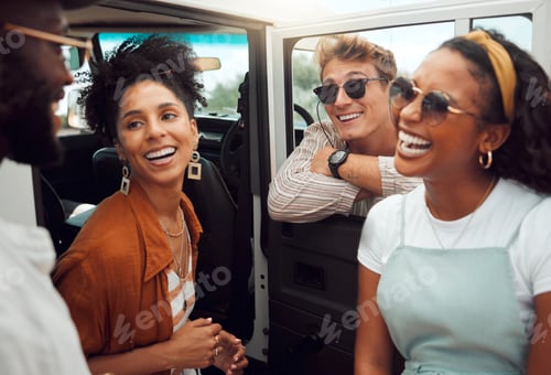 Preview: Diversity friends relax during car road trip for travel journey, open road freedom and fun holiday