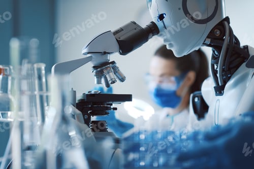 Preview: Scientist and humanoid robot working together in the science lab