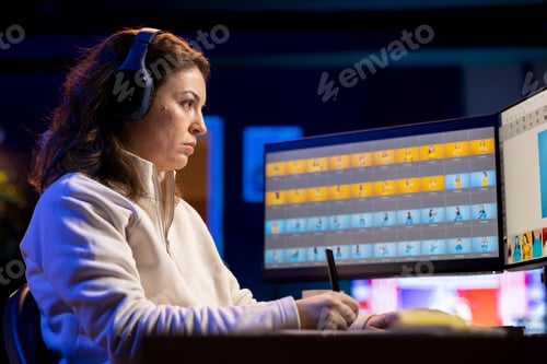 Preview: Photographer with headphones using graphic tablet to perform editing