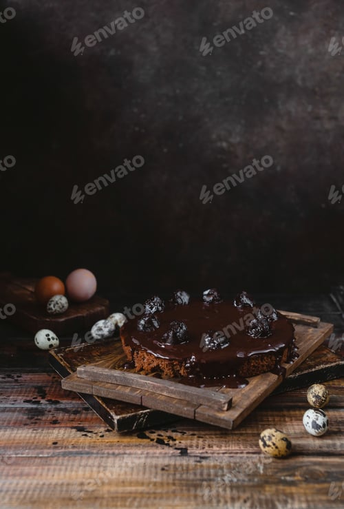 Preview: Chocolate cake and chicken and quail eggs on rustic wooden table