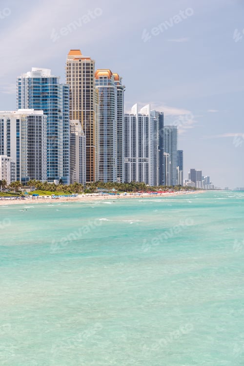 Preview: Modern skyline of Miami with towering skyscrapers, tropical vibe, and waterfront views